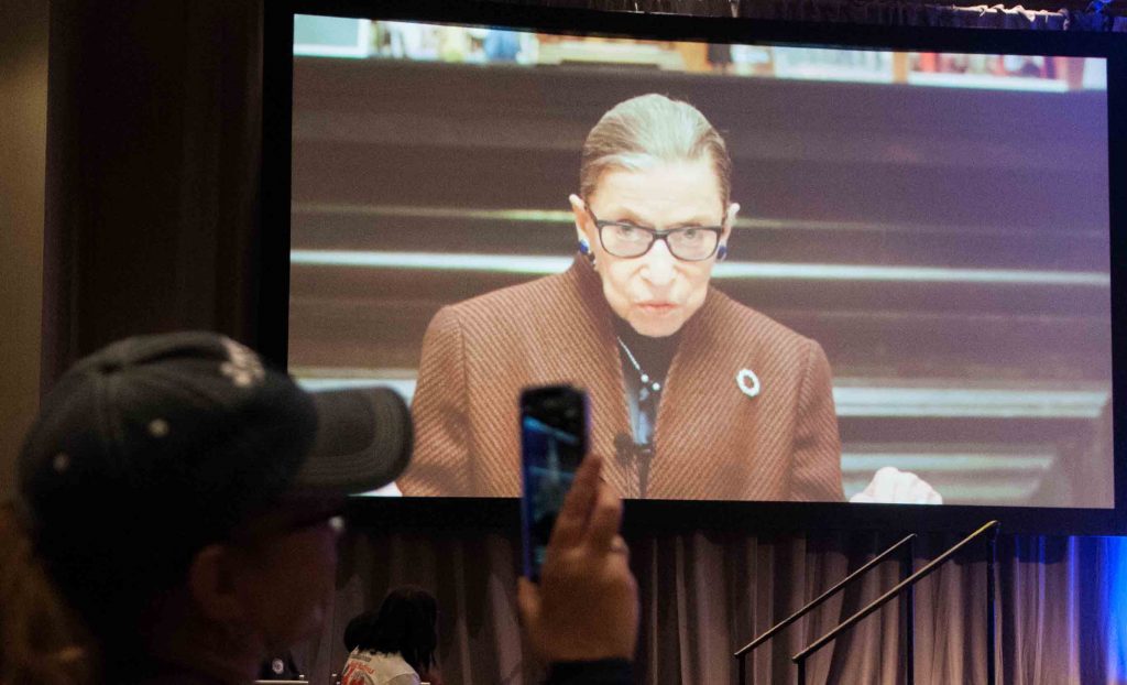 Women at the Trades Women Build Nations Conference get encouragement from Ruth Bader Ginsburg.